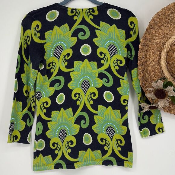 J.McLaughlin Cotton Blend Split Neck 3/4 Sleeve Printed Sweater  Navy‎ Green XS - Picture 7 of 12
